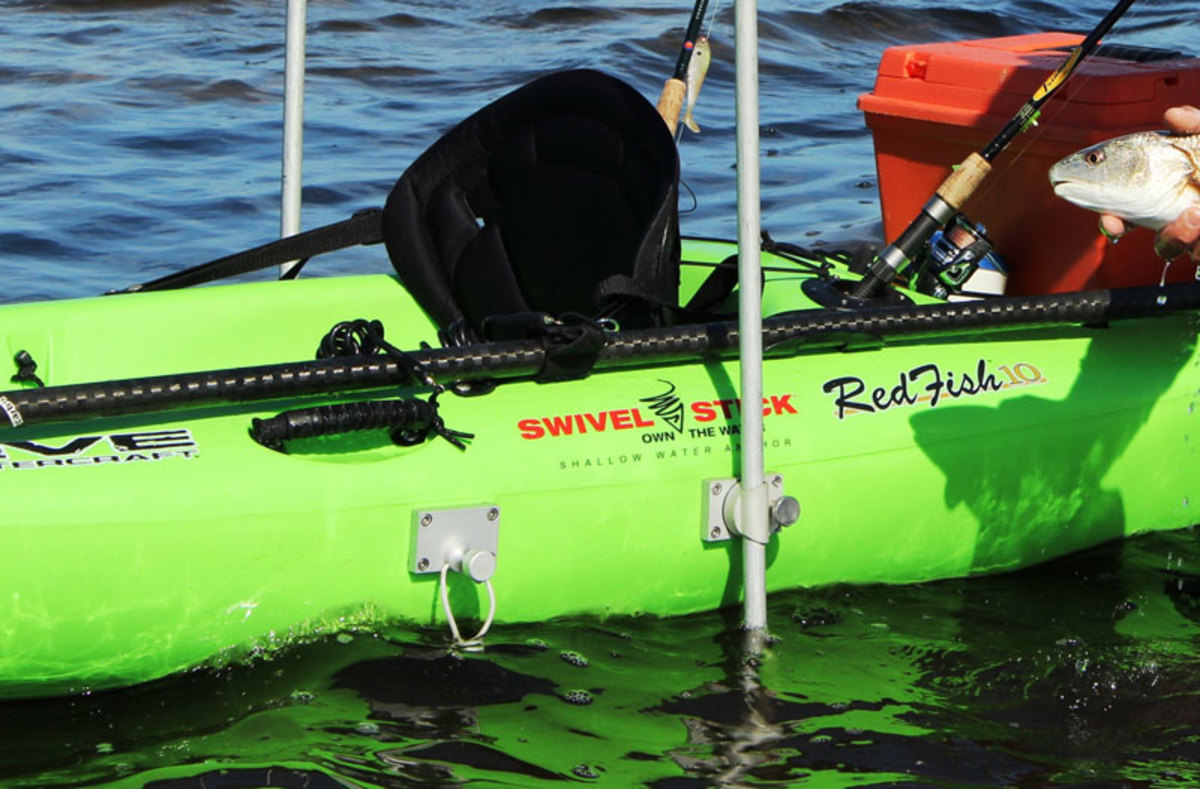 A look at the Swivel Stick swivel point, on the right. The hardware on the left is the forward resting point for the stakeout pole when in travel mode.