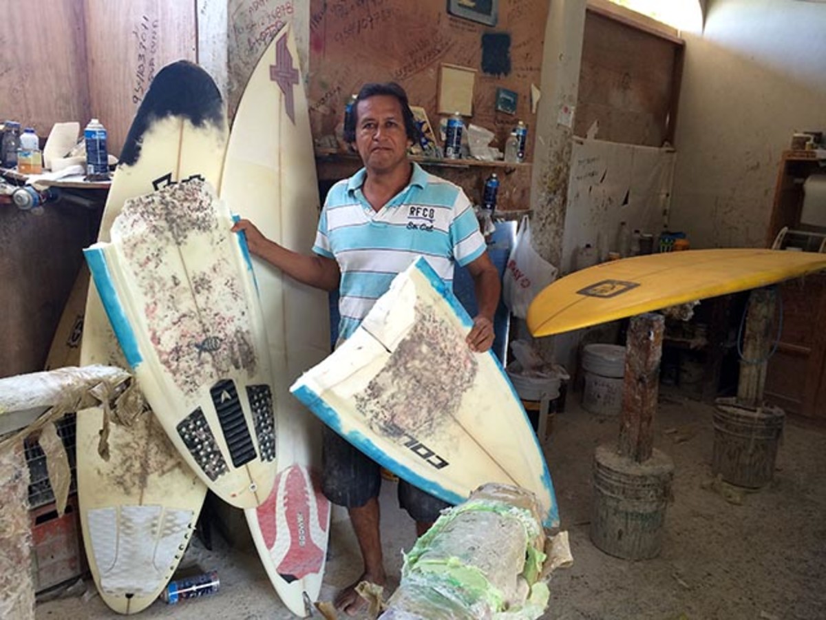 Miguel Ramirez is the man to see when you inevitably ding up your surfboard in Puerto Escondido; photo Justin Coté