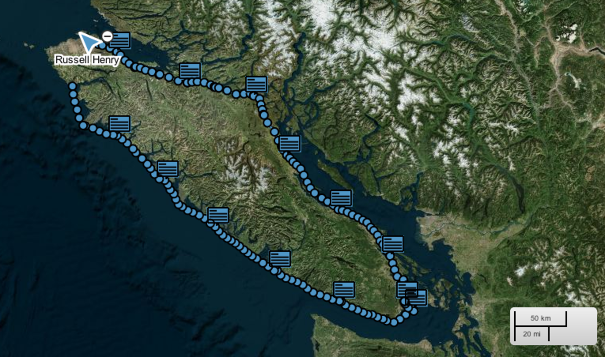Russell Henry's position at 10 a.m. June 12th, 13 days into his bid to beat the Vancouver Island speed record.