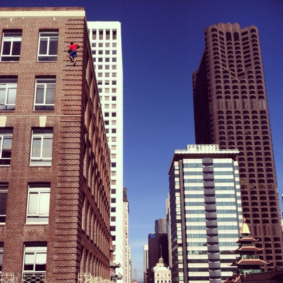 Alex Honnold climbing a brick building in San Francisco. Photo from Alex Honnold's Facebook page