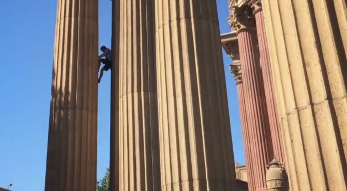 Alex Honnold climbing at the Palace of Fine Arts. Photo is a screen grab from the video