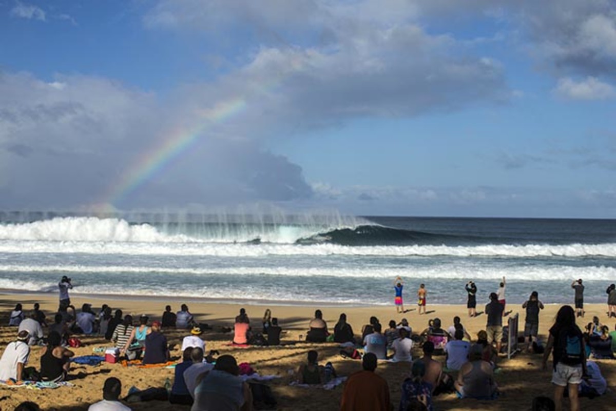 The arena at the Pipe Masters; one of the best places to watch a pro surfing contest. Photo by Brent Bielmann/Surfing magazine