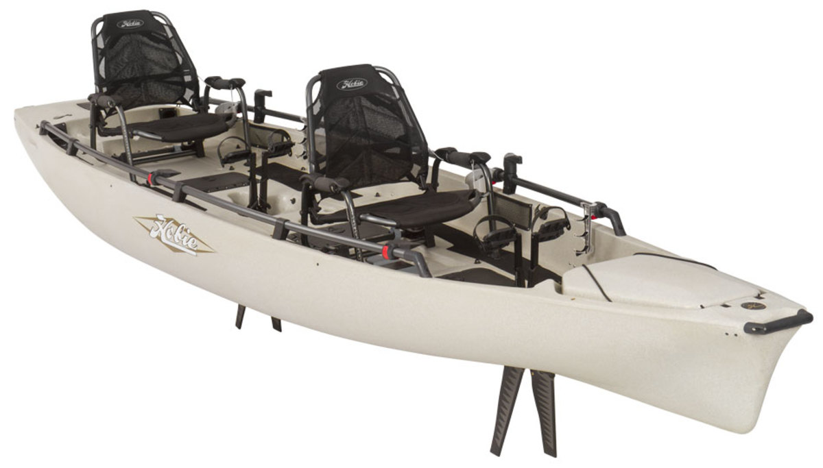Hobie's new Mirage Pro Angler 17 Tandem does a battleship one better. This is the queen bee of the fleet, the Nimitz class carrier of fishing kayaks.