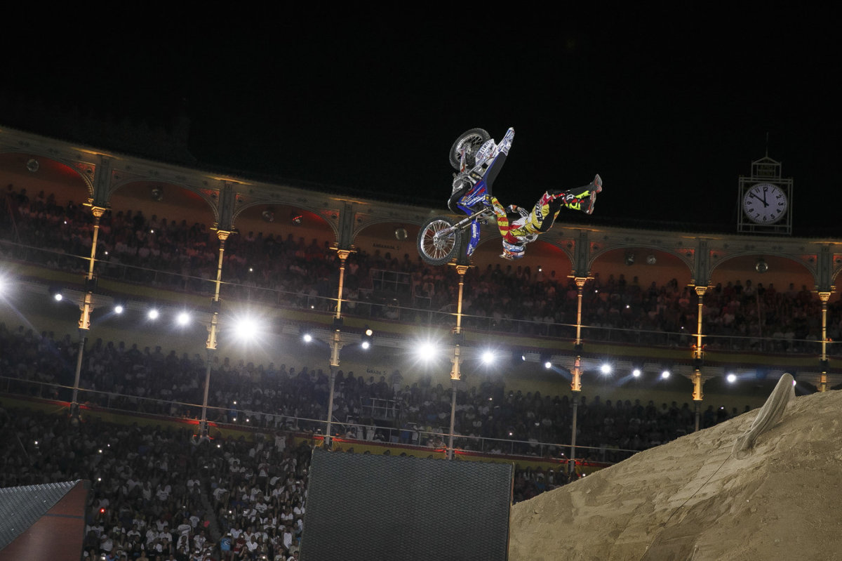 Tom Pages completing a flair KOD during the third stage of the Red Bull X-Fighters World Tour Madrid. Photo © Flo Hagenared/Red Bull Content Pool