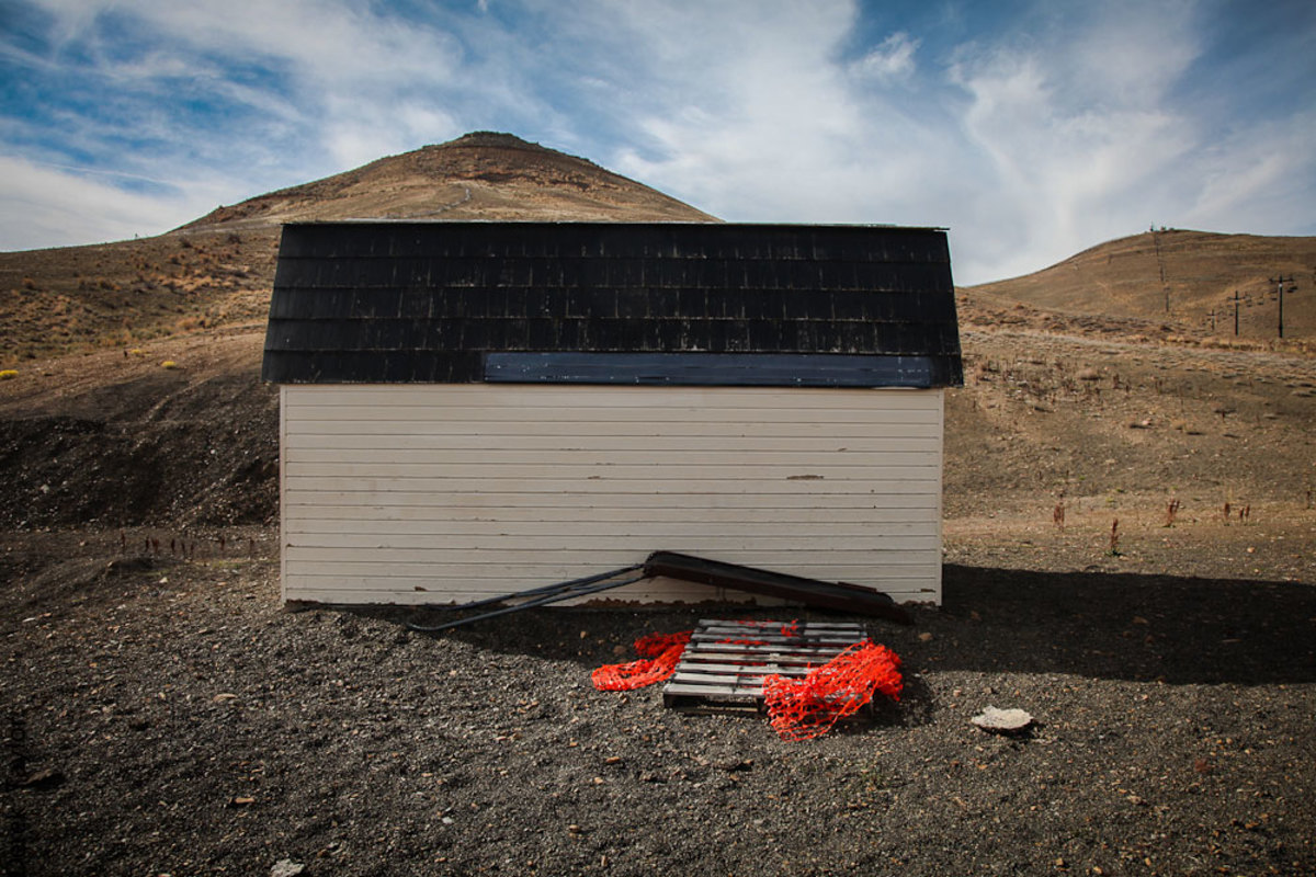 A rescue sled sits by a shed at the Elko SnoBowl. SnoBowl is operated entirely by volunteers. Photo: Derek Taylor