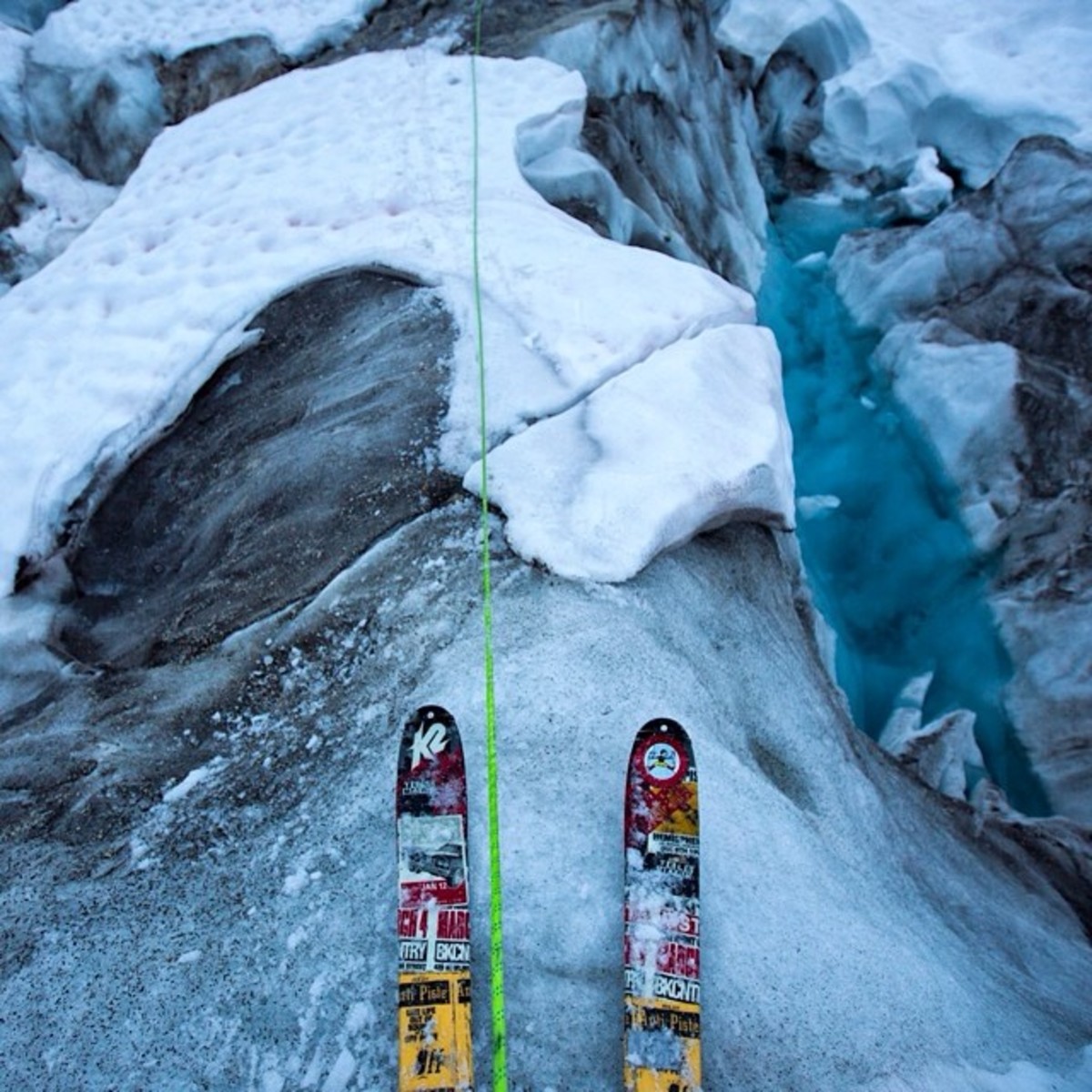 View of Huey's skis after midnight. He said they are on snow for the most part but occasionally cross ice and even gravel. They are all roped up in case anything collapses. Photo by Aaron Huey from Facebook and Instagram
