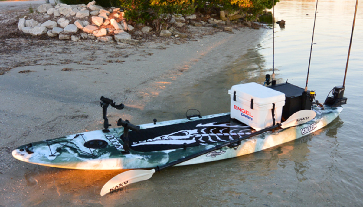 Kaku Kayak is introducing the Kahuna, a 12-foot long hybrid SUP-yak. Yes, that's a Power-Pole Micro Anchor mount on the back. All photos courtesy Kaku Kayak.