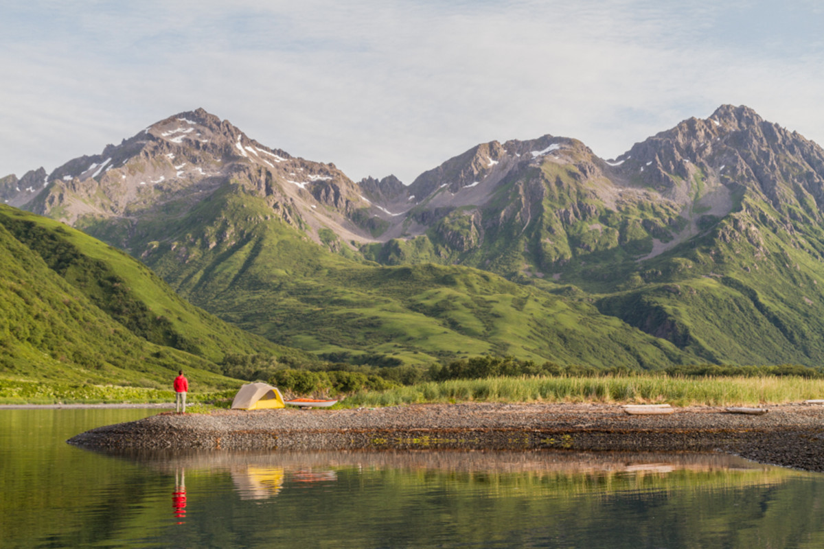 Self Portrait with camera on tripod. On the shores of Three Saints Harbor, Kodiak Island, Alaska