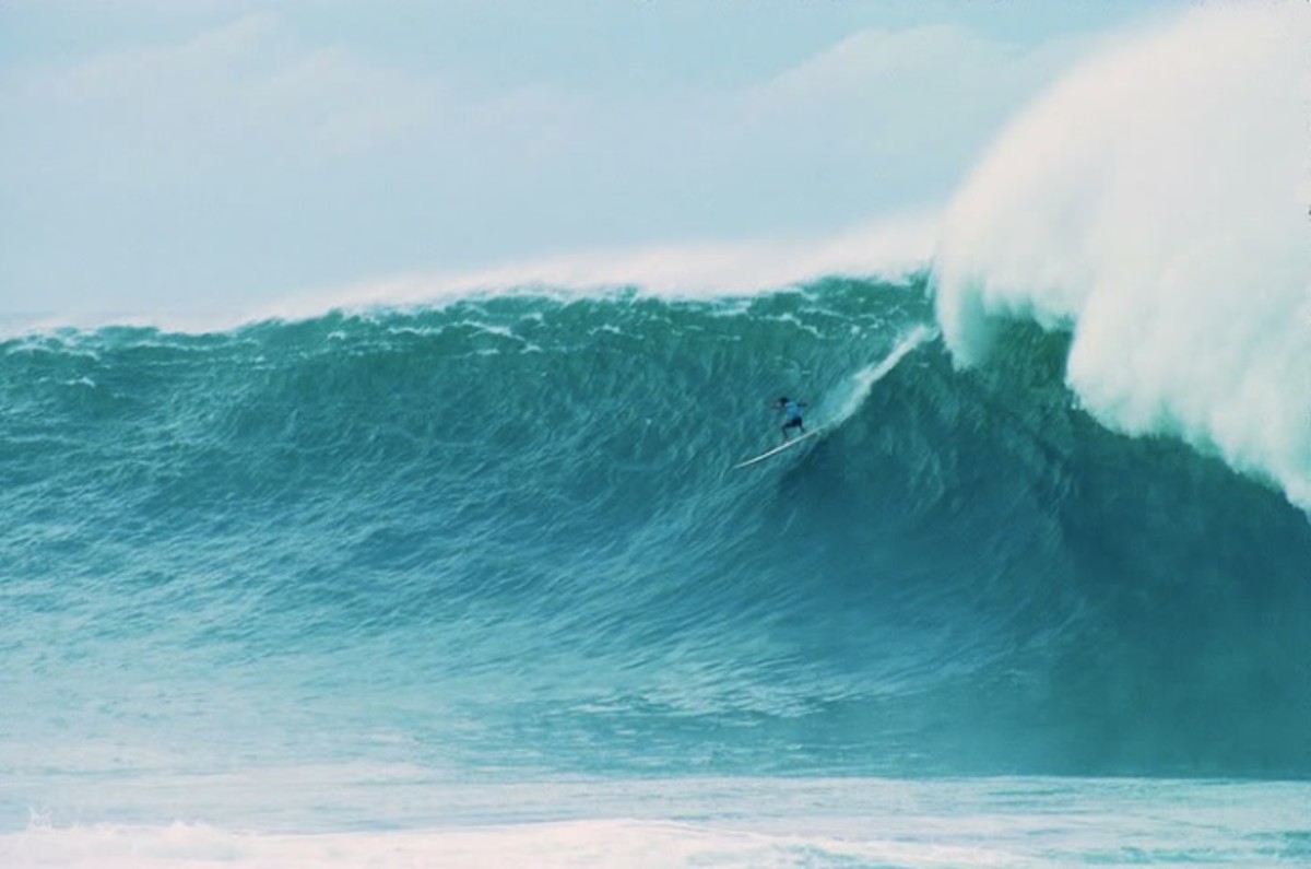 Brock Little at Waimea Bay. After this, burning helicopters are easy. Photo by Scott Winer