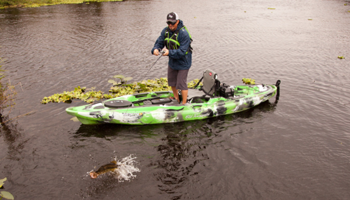 Stand-up stability: camera boat operator Troy Faletra takes his turn on the XL. Paul Lebowitz photo.