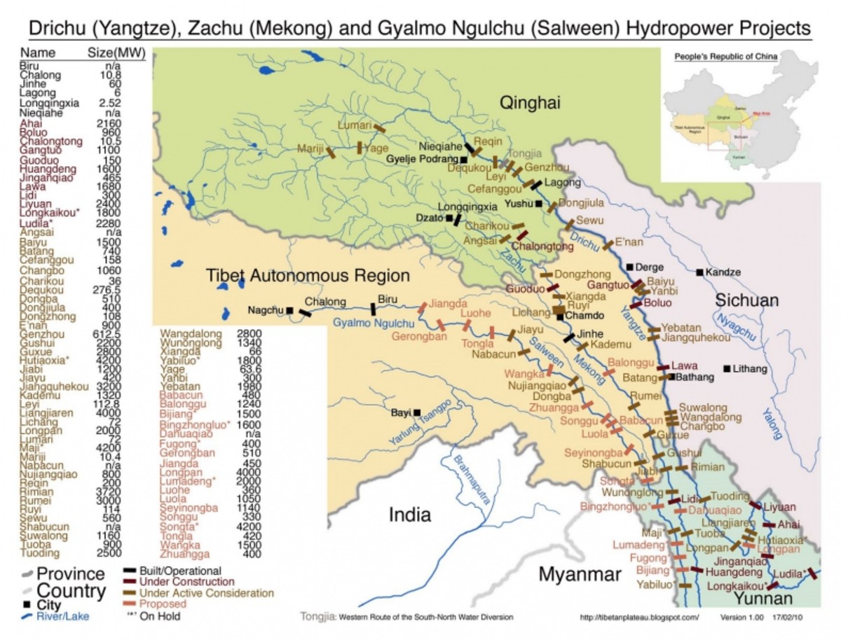Map of proposed dams in western China. Courtesy International Rivers