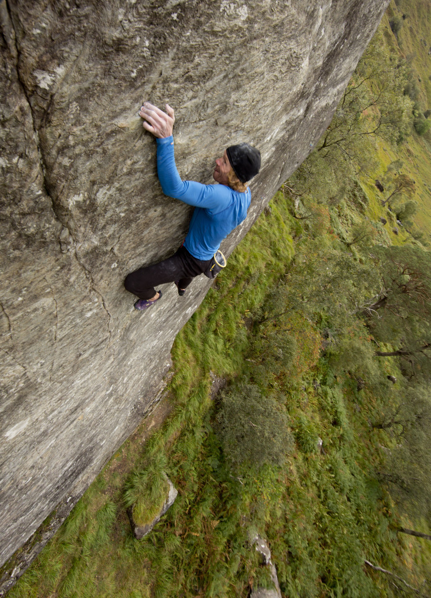Julian Lines has been free solo climbing sheer cliffs without a rope for more than 25 years. Photo from Posing Productions/Caters News