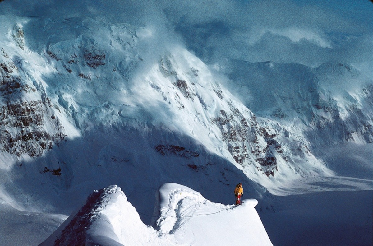 Traversing the Tent Arête on the Cassin Ridgeof Mount McKinley, Alaska, 1982. Photo: Kevin Doyle