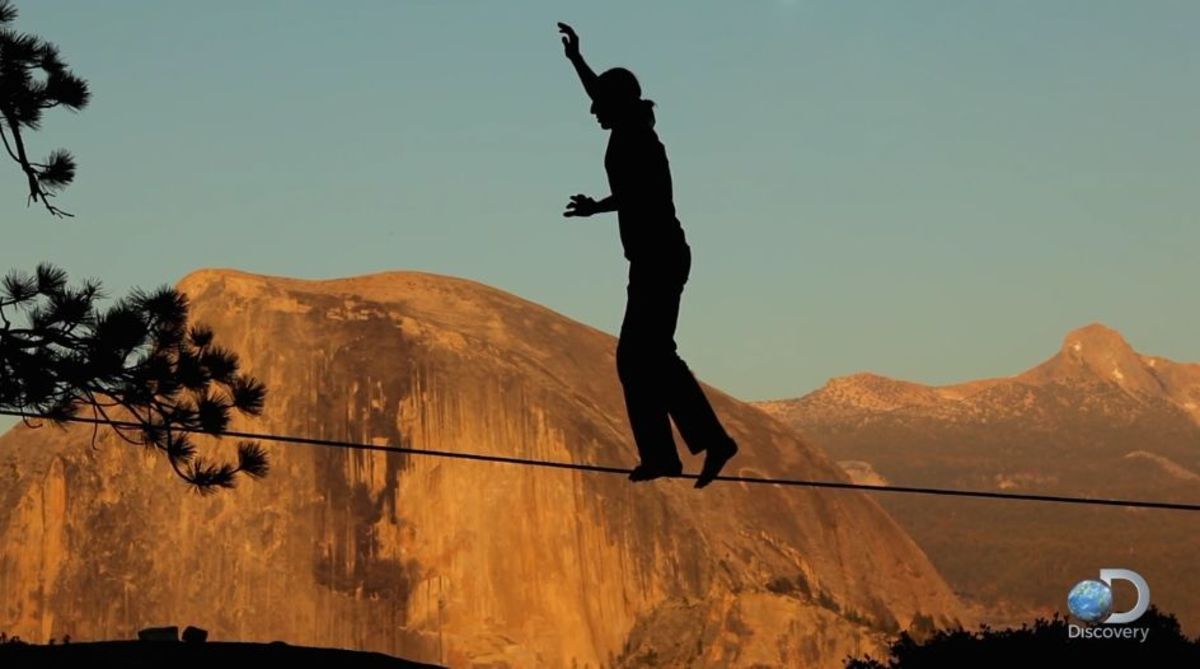 Dean Potter is a free-spirited daredevil who is known for free solo climbing, BASE jumping, and highlining. Photo is a screen grab from "Valley Uprising" on Discovery Channel