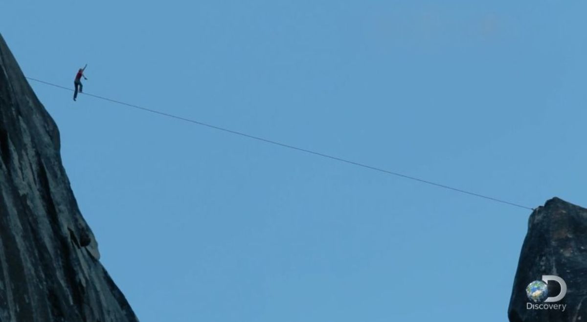 Dean Potter has a harrowing experience while attempting to highline Yosemite's Lost Arrow Spire. Photo is a screen grab from "Valley Uprising" on Discovery Channel