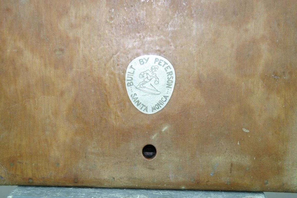 The Peterson logo on the base of the board. Photo by Vintage Surf Auction
