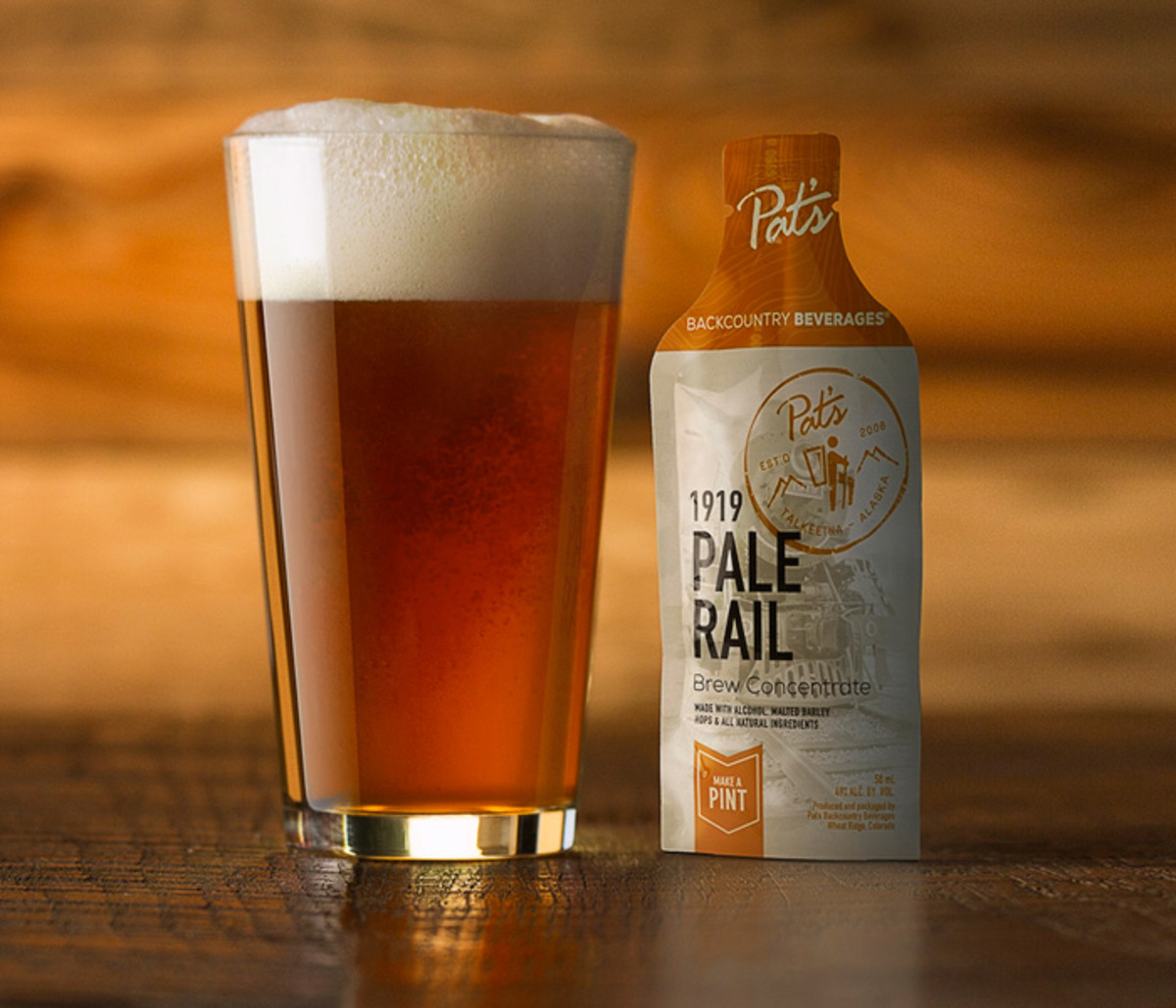 Pat's Backcountry Beer comes in tiny 2-oz packages, eliminating the bulk and weight of traditional brews. Photo: Courtesy of Pat's Backcountry Beer