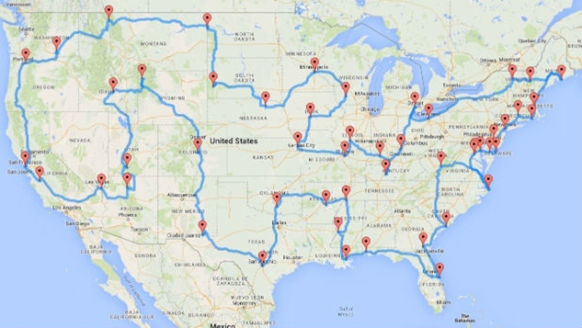 Randy Olson's map to 50 landmarks across the lower 48 states. Image: Google Maps