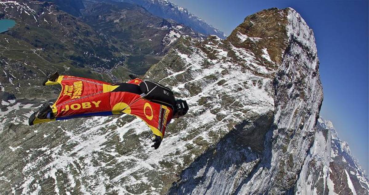An example of a wingsuit flier, in this case, Joby Ogwyn does a fly-by of the Matterhorn. Photo: Discovery Channel