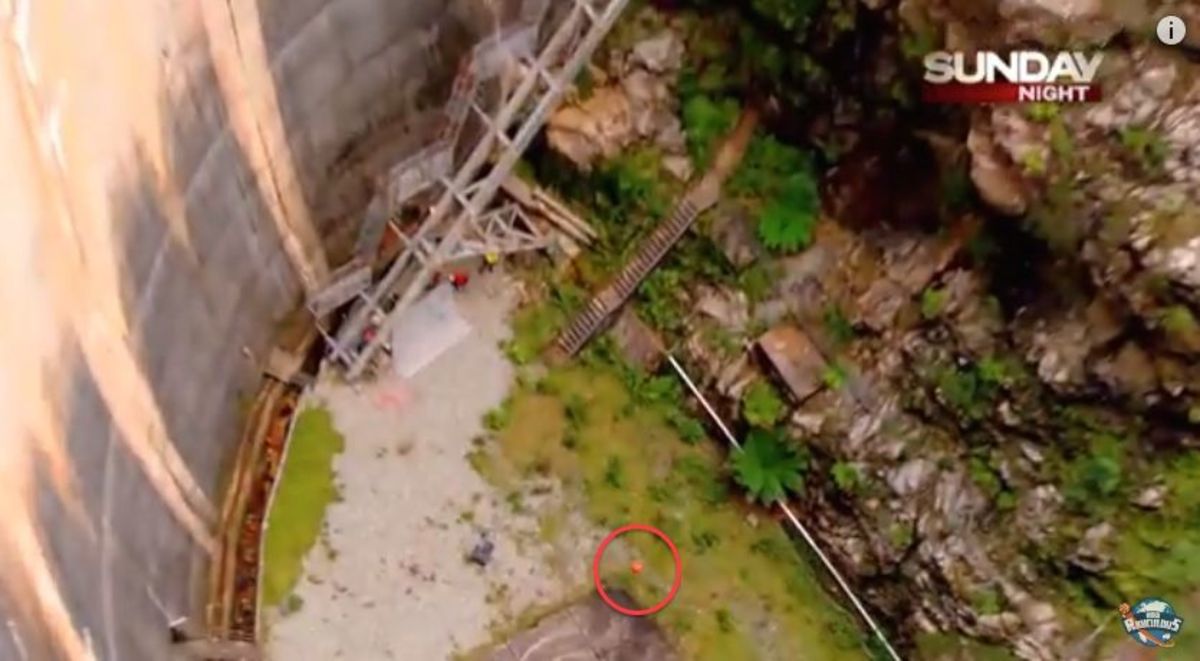 An exploding basketball wasn't part of the How Ridiculous team's trick. Ball (circled) is just about to impact the cement. Photo: Screen grab