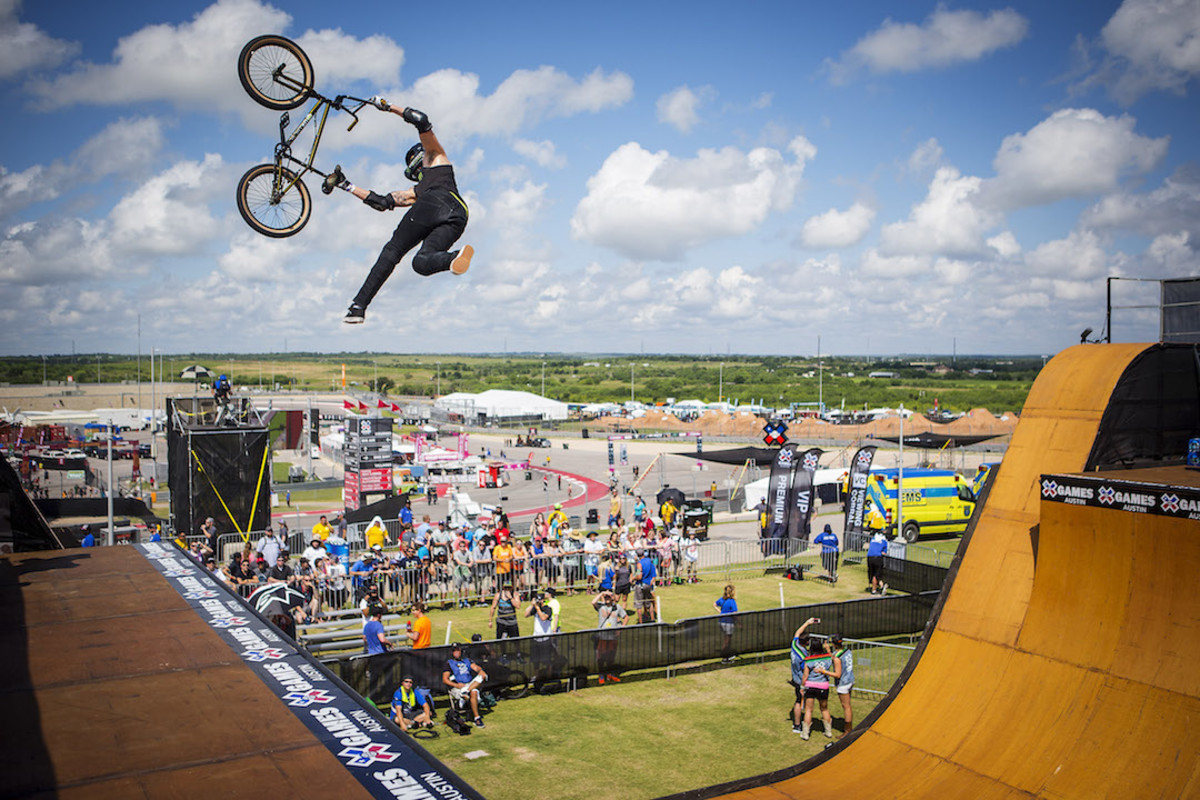 Jamie Bestwick engaged in a seat grab at X Games 2015. Photo:
