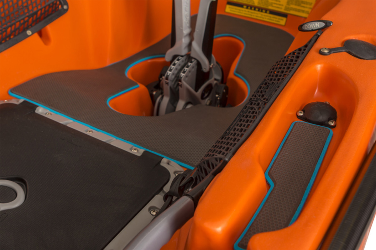 Here's a look at the custom colored, factory-installed EVA foam padding, and the custom graphics on the rectangular cockpit hatch with pivoting tackle system. Courtesy photo.