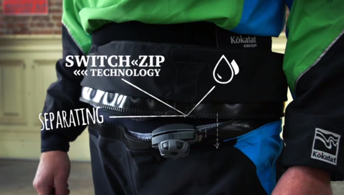 Screen grab from Kokatat's video on how to use the Idol dry suit and SwitchZip technology.
