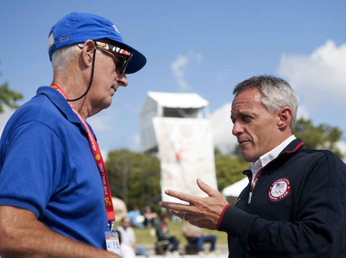 Olympic C2 gold medallist Joe Jacobi, right, speaks with Bill Endicott, the legendary coach who guided him and many other outstanding American slalom racers.