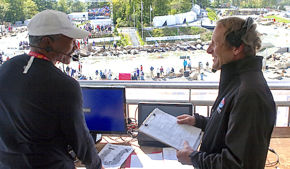 Race-callers Lamar Sims (left) and Kent Ford. Photo by Wick Walker.