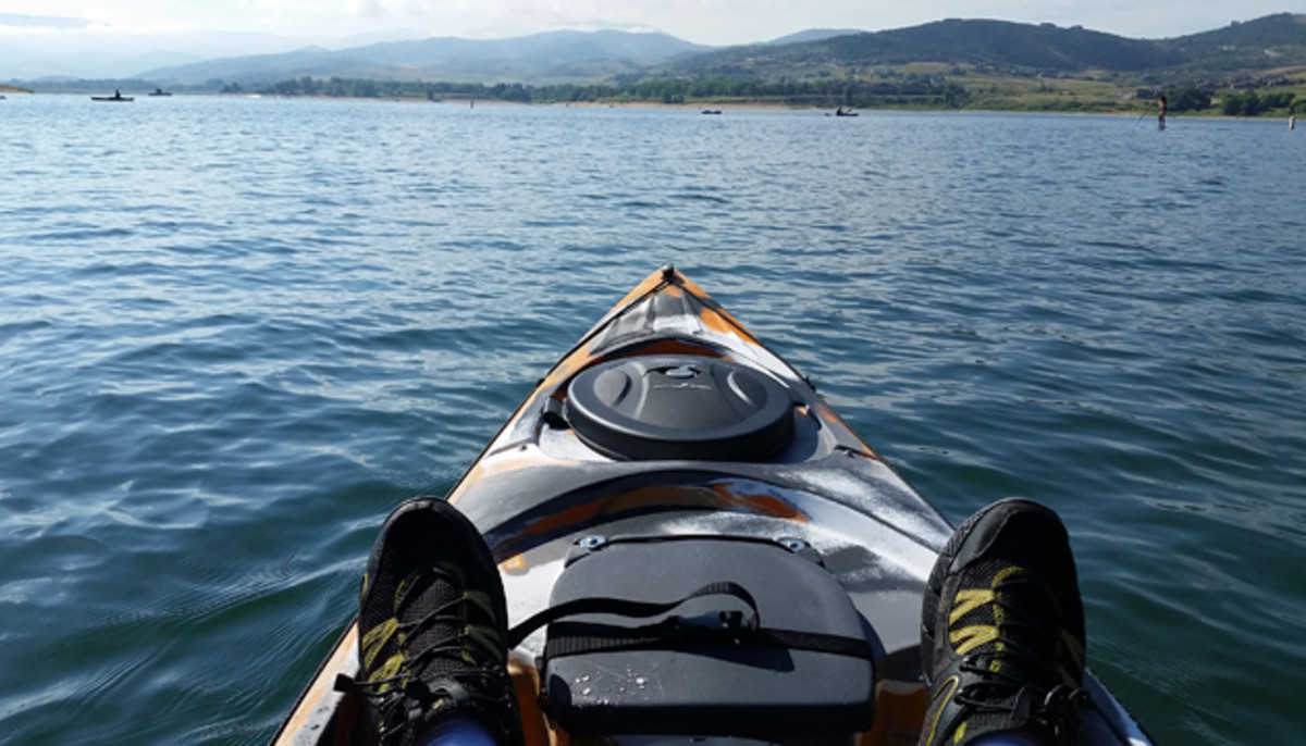 I missed this view. Looking over the low-drag nose of the Ocean Kayak Trident 15, once again in production.