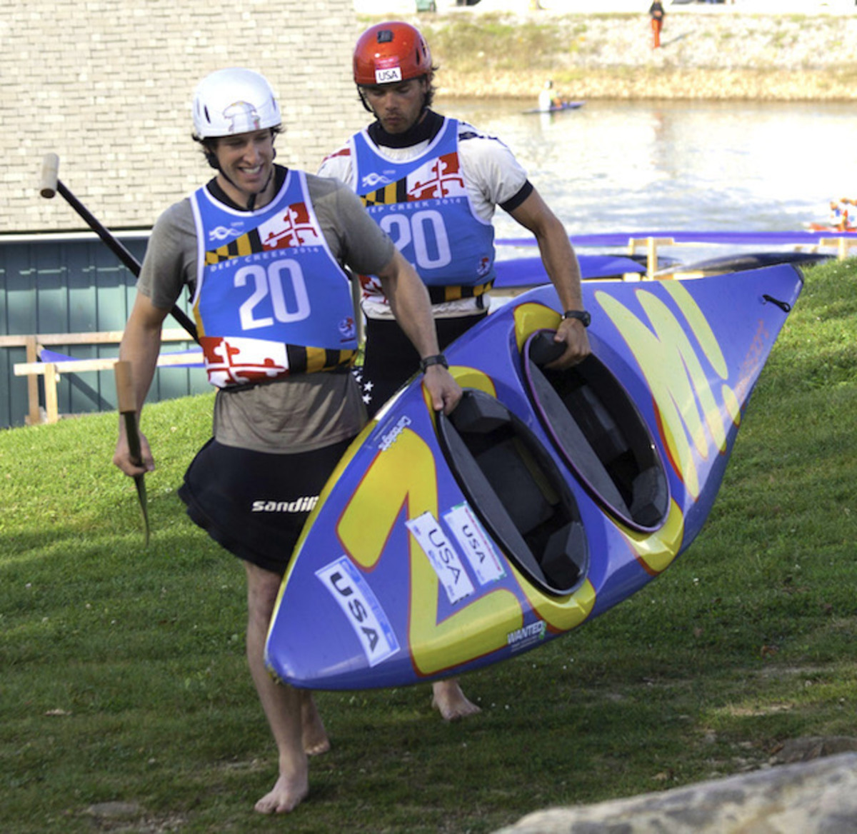 Ready to Zoom: The boys' race boat (and McEwan's helmet) features custom art by McEwan's mother, children's author and illustrator Sandra Boynton. Photo by Wick Walker.