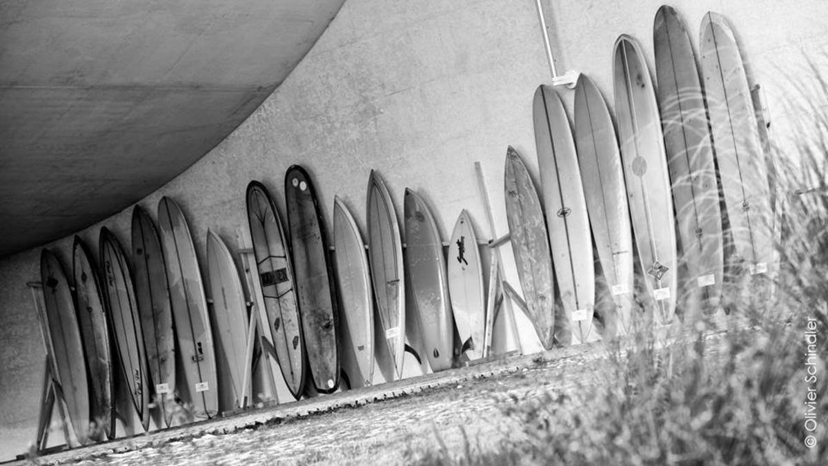 Boards lined up at the base camp of Wheels and Waves.