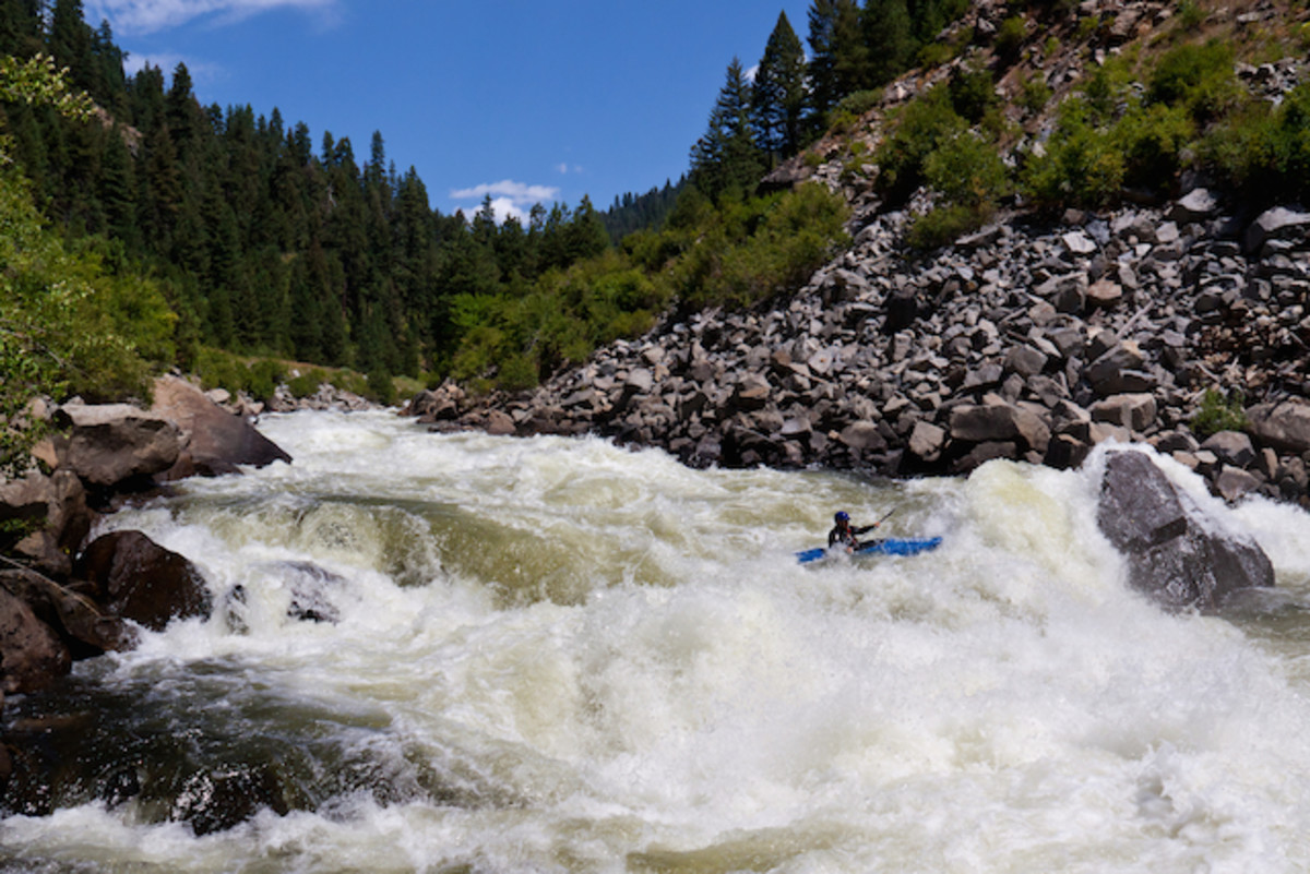 Boyce Greer making the move at "Rock Drop" in "Jacob's Ladder" on the North Fork Payette River, Idaho. Mike Leeds photo.