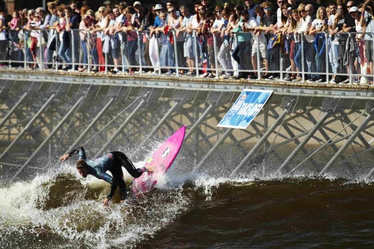Jack Freestone rides a man-made wave in Wales. It is the predicted this technology will be used in Tokyo. Photo by Red Bull