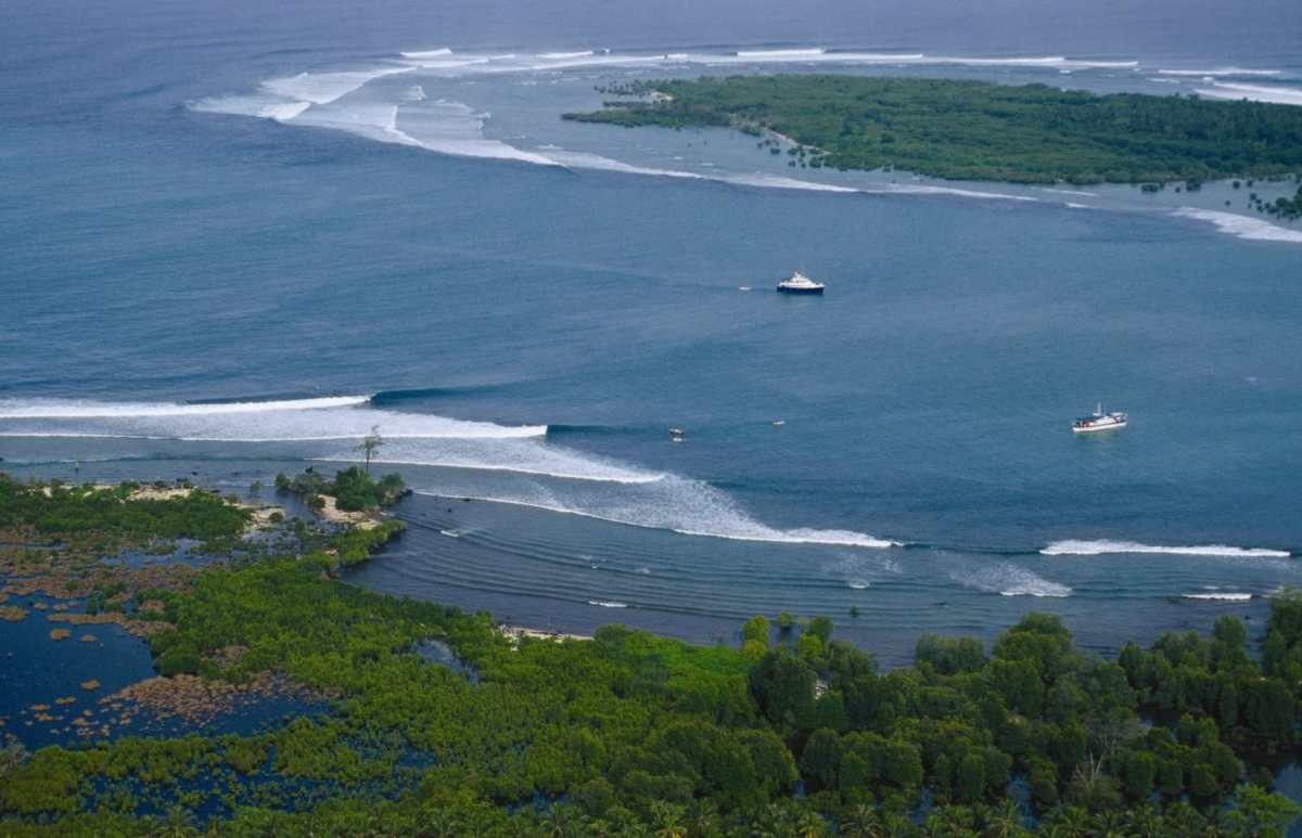 The break of Macaronis with boats moored in the channel. Photo by Nathan Smith