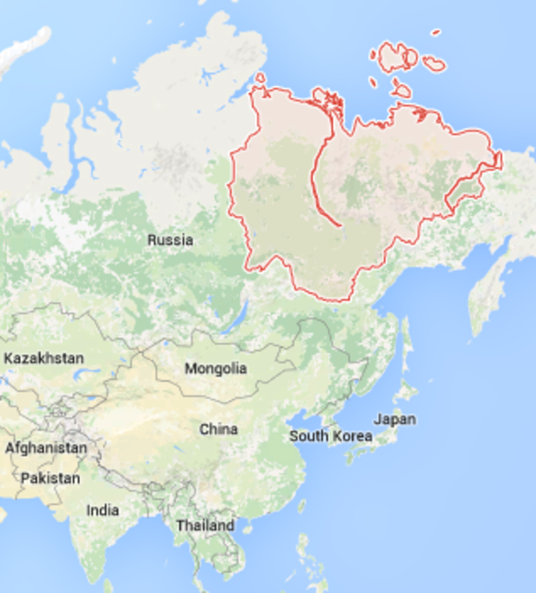 Yakutia, Russia, outlined in red.