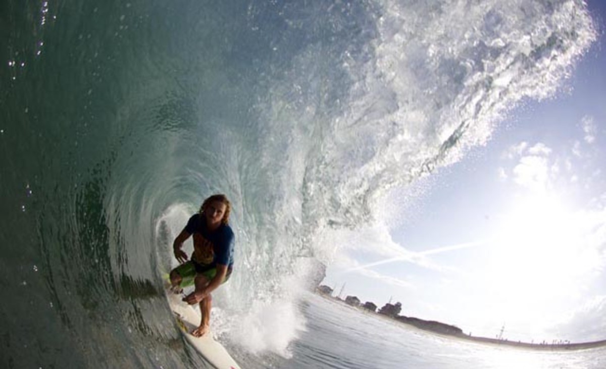 Alek Parker finds the slot during a hurricane swell. The Outer Banks are as hollow as the East Coast gets.