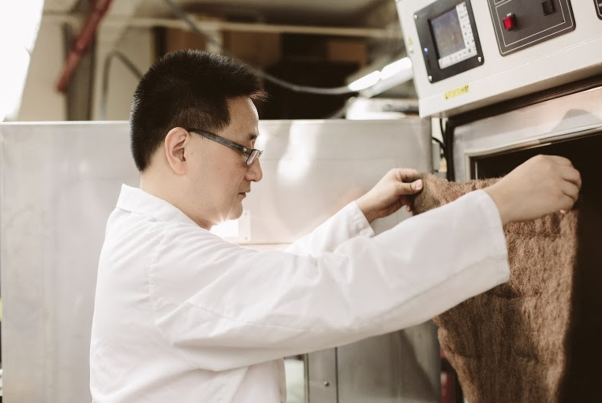 Coarse bison fiber is combined with recycled polyester to create the matting used in the innovative B100 fill. Photo courtesy of United By Blue.