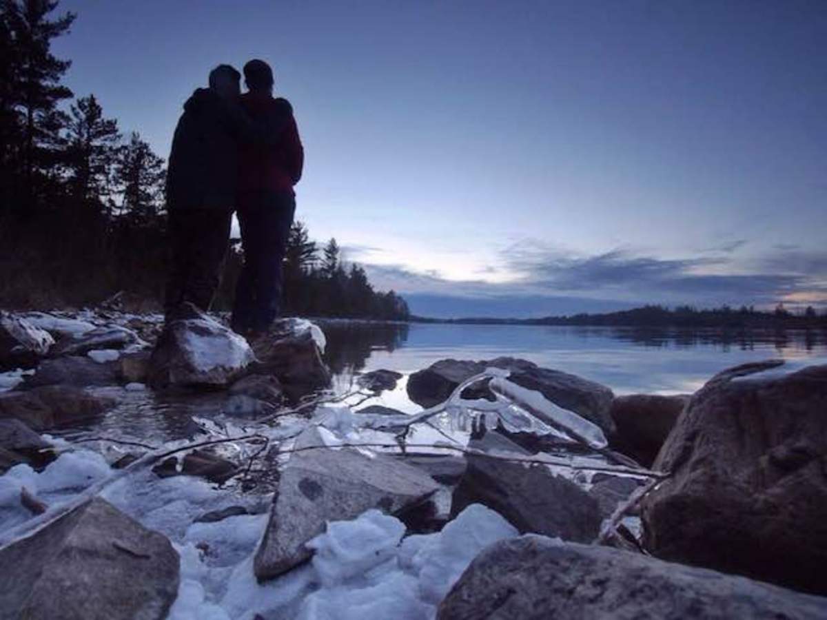 Dave and Amy waiting for the ice to form on Knife Lake.