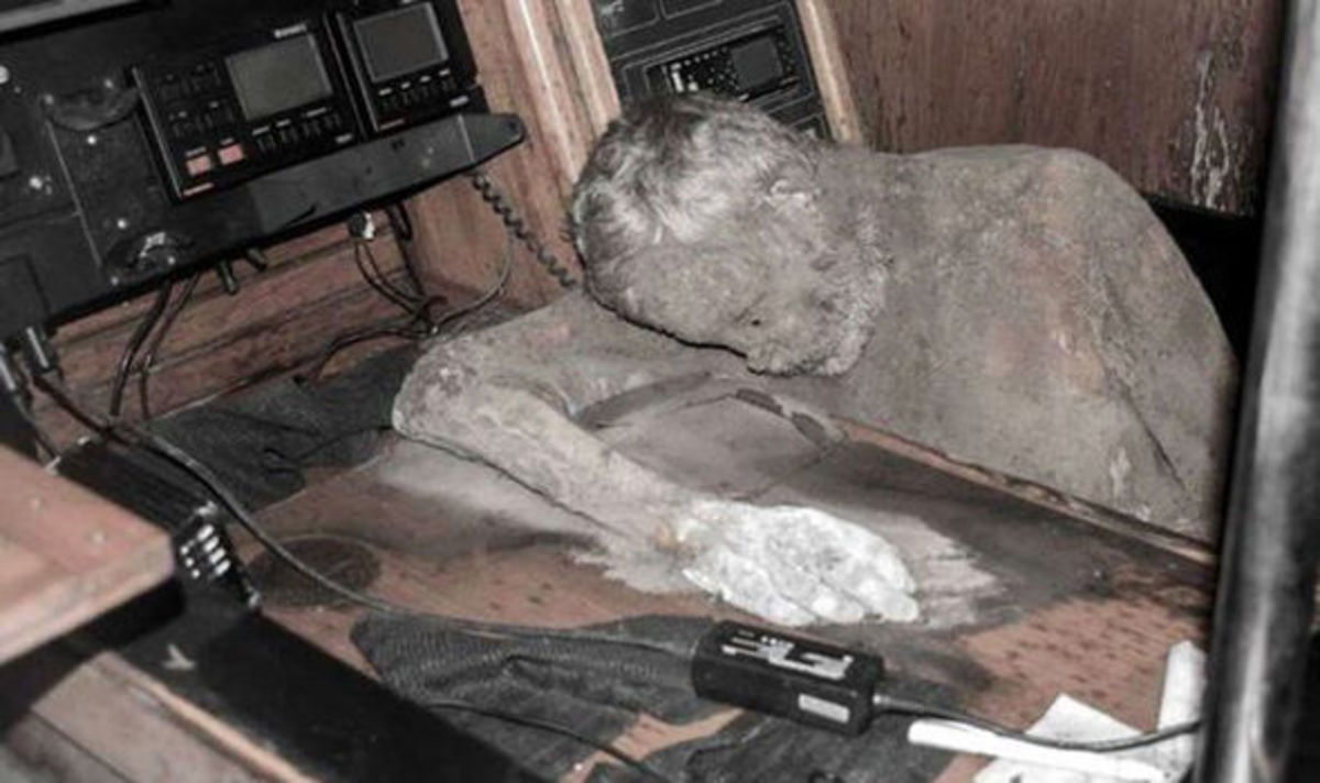 Fisherman found the mummified captain slumped over in the cabin of the ghost ship.
