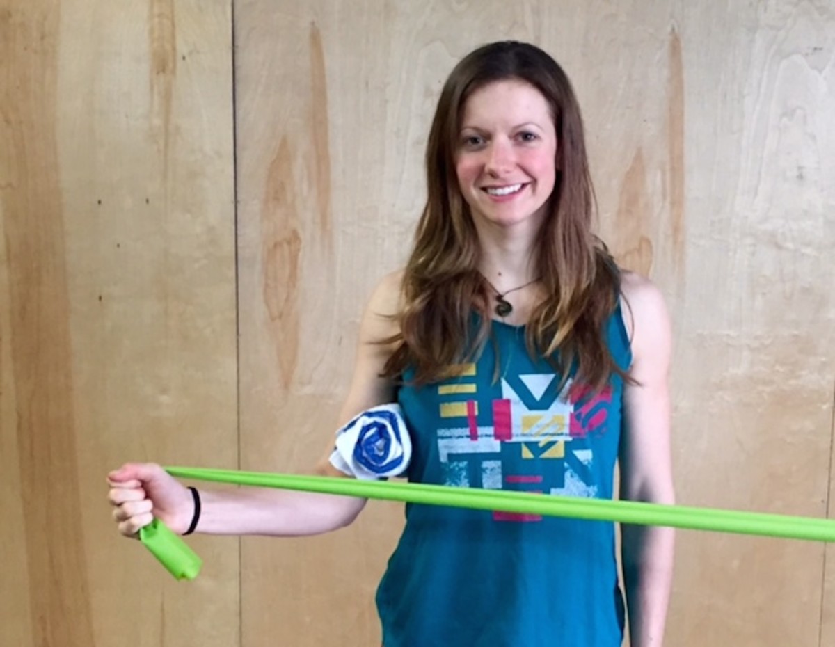 For external rotation exercises, pull away from the body by pivoting at the elbow.