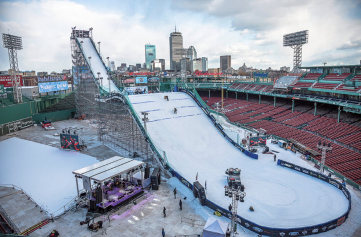 Fenway Park and its downtown Boston backdrop, was the latest to host a big name Big Air event. PHOTO: Eric Dyer/@ericdyer