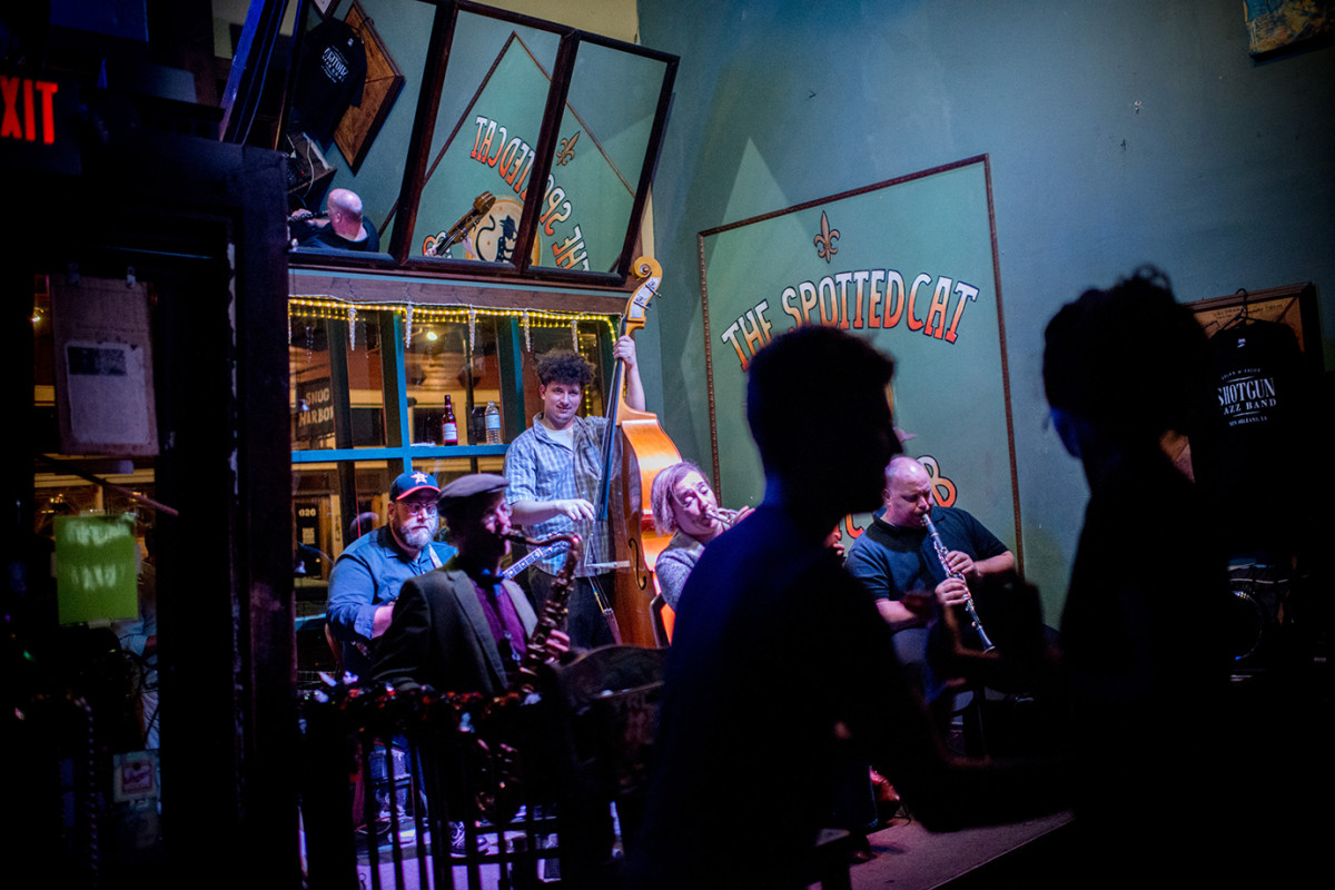 Shotgun Jazz Band performs at the popular jazz club, the Spotted Cat, on Frenchmen Street the day of Fats Domino's death in New Orleans on October 25, 2017.