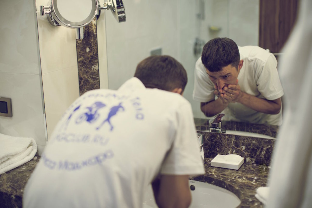 Denis Madjara from Russia gets ready for bed before the 7th stage Novosibirsk-Krasnoyarsk at the Red Bull Trans-Siberian Extreme race in Russia on July 22nd, 2015. // Denis Klero/Red Bull Content Pool // P-20150723-00170 // Usage for editorial use only // Please go to www.redbullcontentpool.com for further information. //