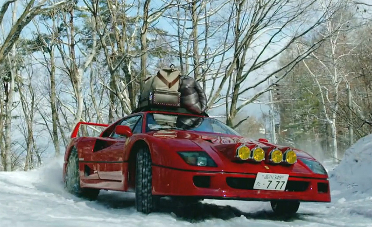 Ferrari F40 goes driving in the snow to go snow camping