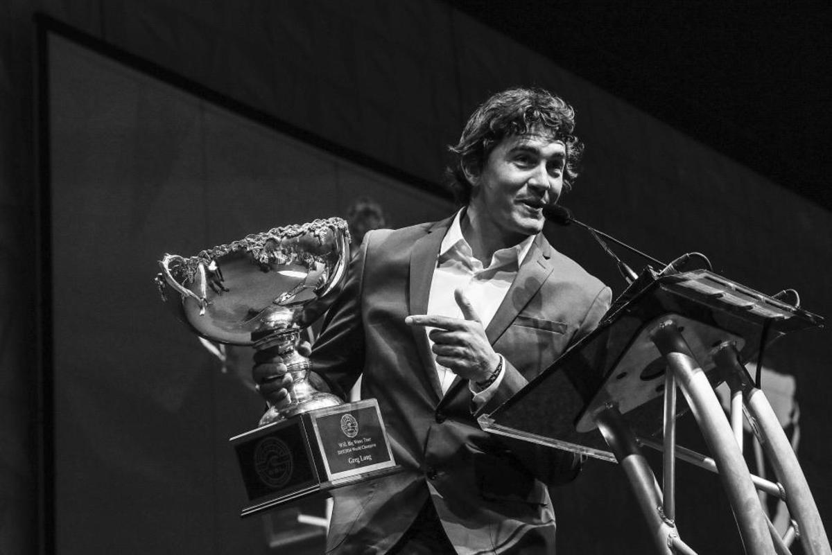 Long receiving his Big Wave World Tour trophy at this year's WSL Awards. Photo by WSL
