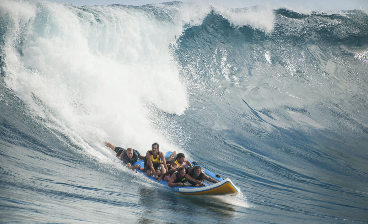 When Jamie O'Brien & Co. say they're going to group-surf the SUPsquatch, there's probably some heuristics involved. Photo: Courtesy of Tim McKenna/Red Bull Content Pool