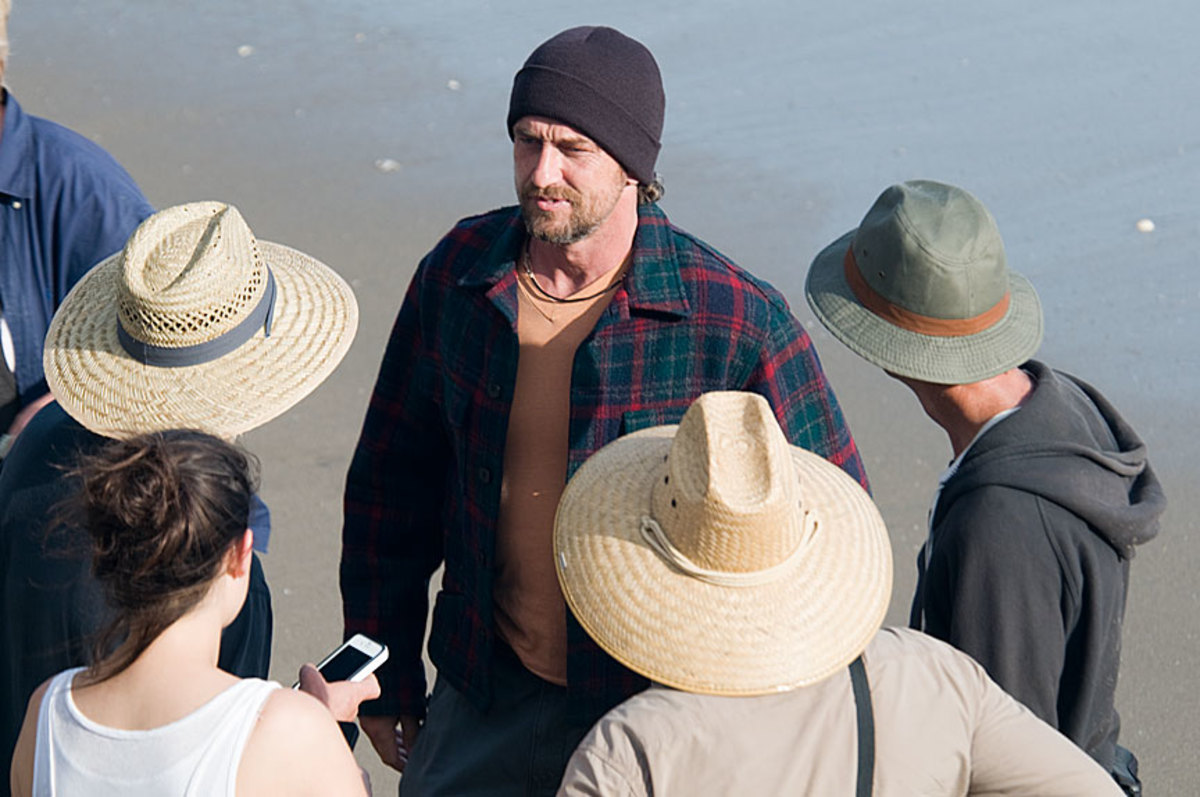 Gerard Butler on the set of Chasing Mavericks. Photo: Courtesy of Ed Grant