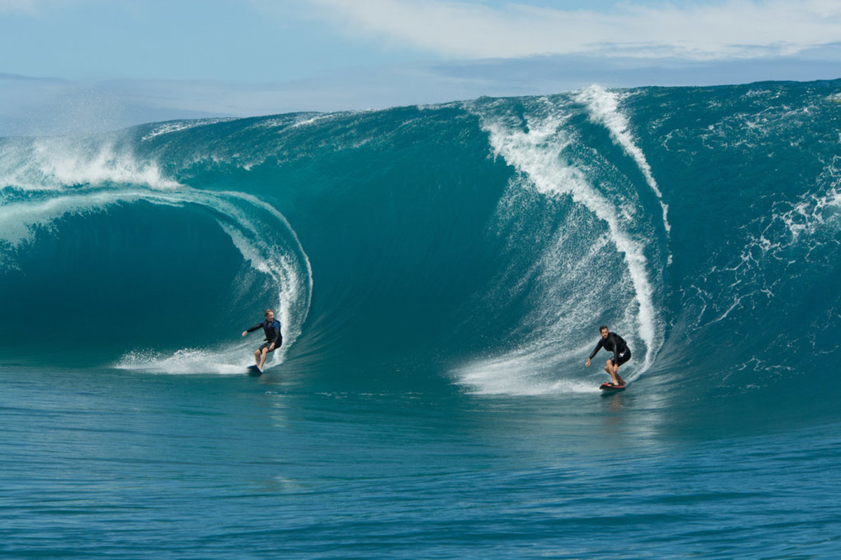 Bruce Irons and Dylan Longbottom shooting Point Break 2 in Tahiti. Photo by Warner Bros.