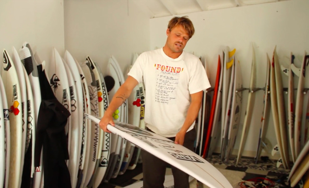Dane Reynolds gives a look into his garage full of used surfboards.